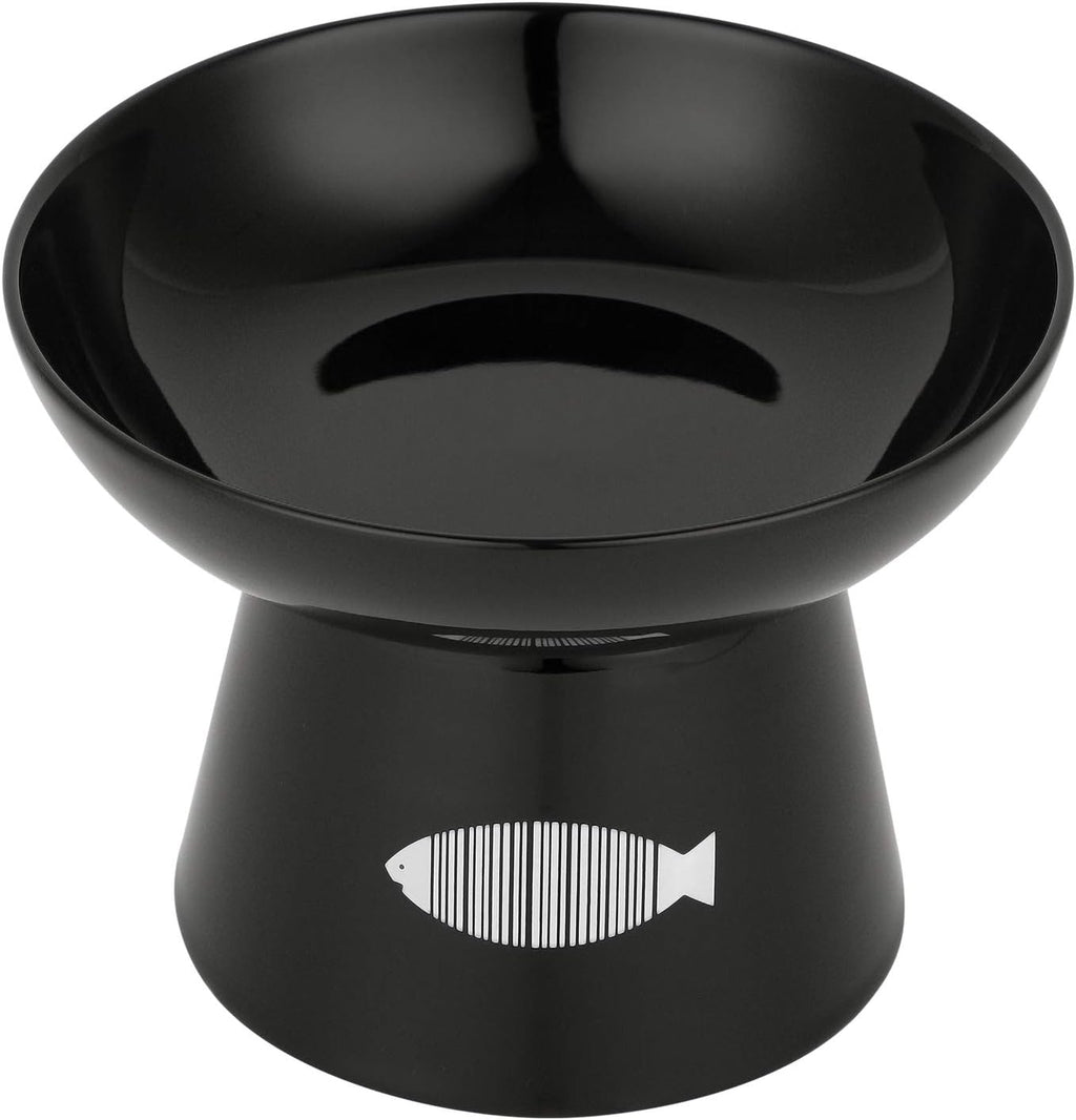 Cat Raised Food/Water Bowl for Elder Big Cats, Non-Skid 4.8X6.4In Premium Ceramic Cat Bowls with Stand, Sturdy and Anti-Fall… (Black)