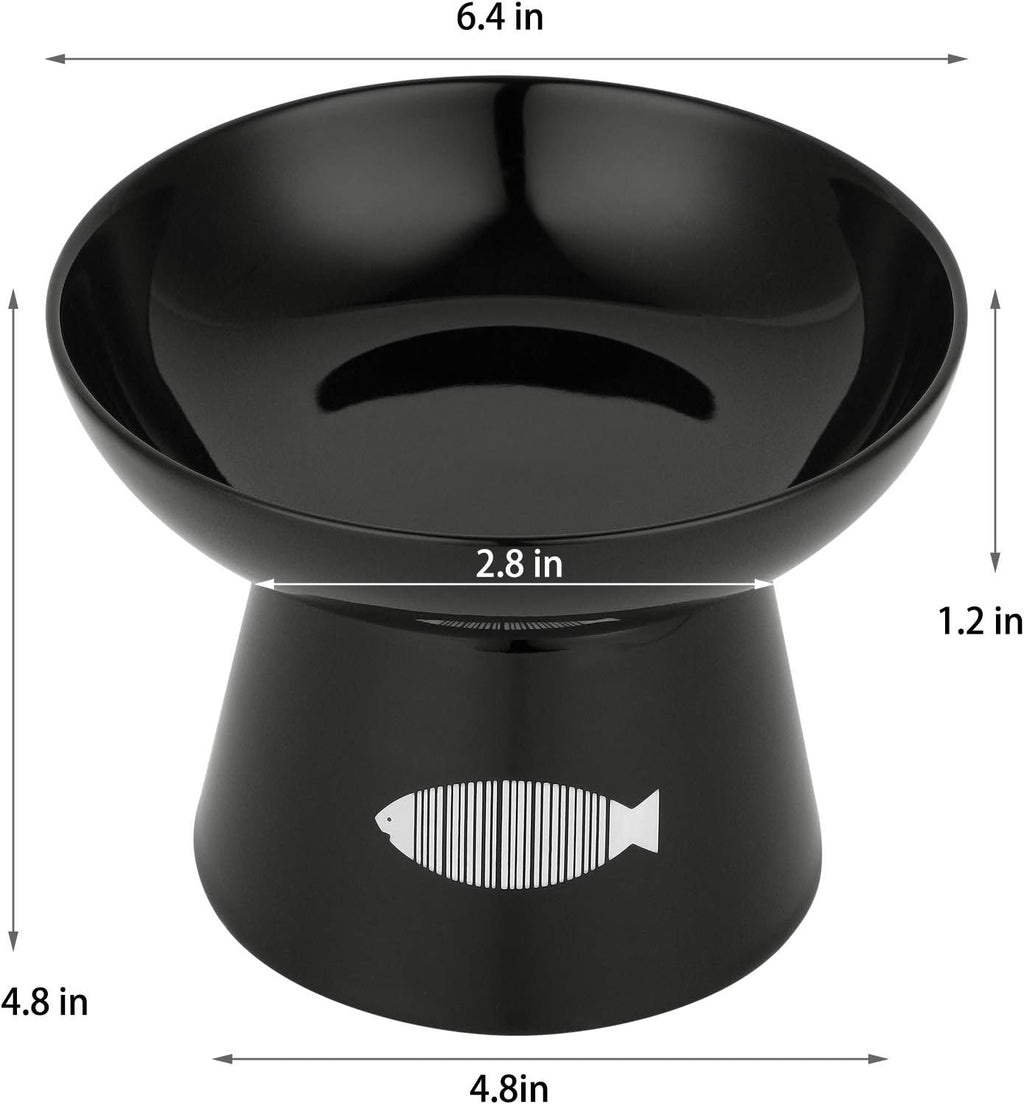 Cat Raised Food/Water Bowl for Elder Big Cats, Non-Skid 4.8X6.4In Premium Ceramic Cat Bowls with Stand, Sturdy and Anti-Fall… (Black)