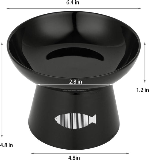 Cat Raised Food/Water Bowl for Elder Big Cats, Non-Skid 4.8X6.4In Premium Ceramic Cat Bowls with Stand, Sturdy and Anti-Fall… (Black)